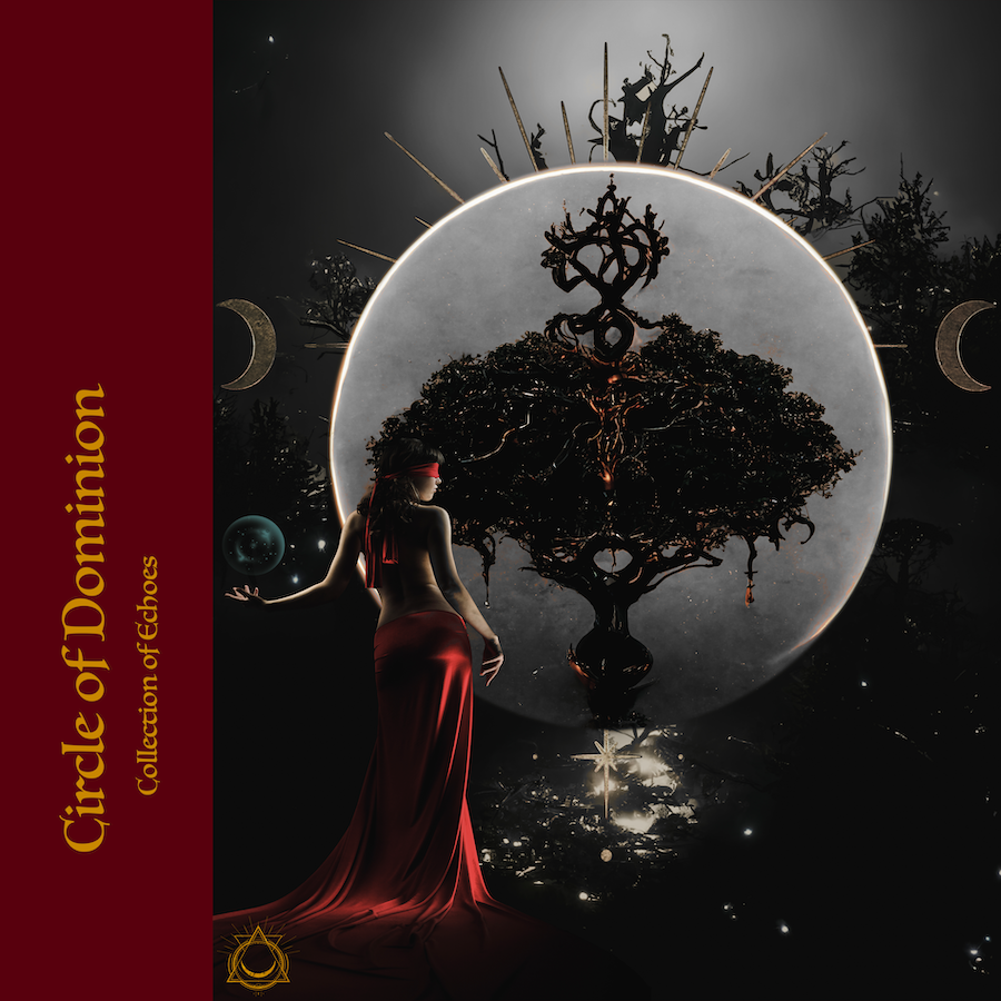 album cover, woman in red holding a levitating crystal ball looking towards the world tree and moon but she's blindfolded